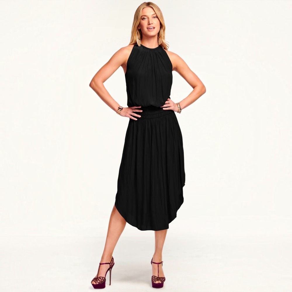 NEW RAMY BROOK Audrey Smocked Midi Dress Black Size Large NWT